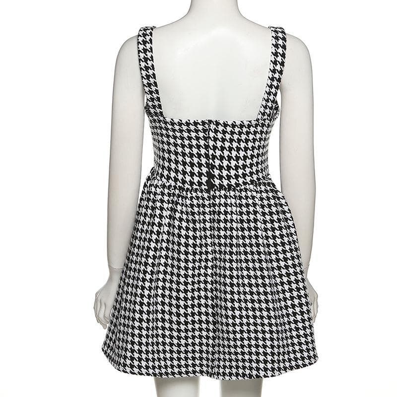 Square Neck Sleeveless Houndstooth Fit and Flare Mini Dress
