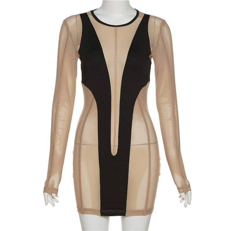 Round Neck Contrast Mesh Panel Long Sleeve Bodycon Mini Dress