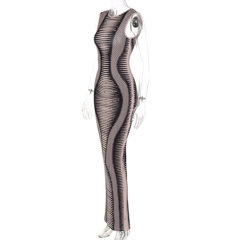 Crew Neck Rhinestone Lattice Graphic Print Open Back Sleeveless Bodycon Maxi Dress