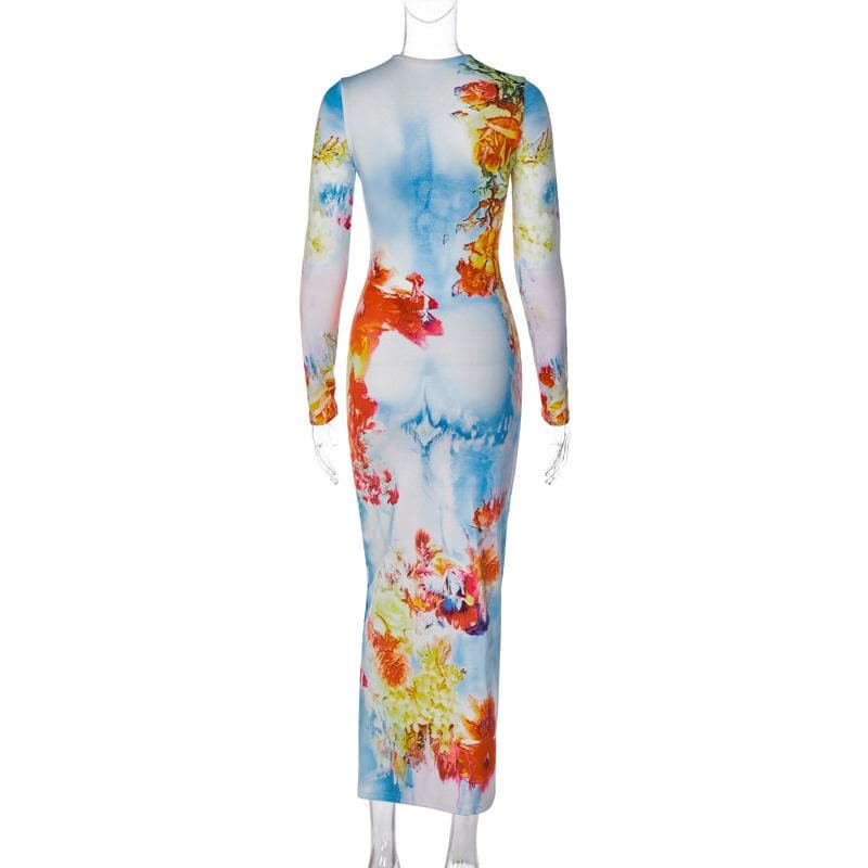 Crew Neck Trompe L Oeil Anatomical Torso Abstract Floral Maxi Dress