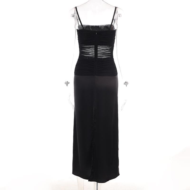 Square Neck Ruched Mesh Satin Panel Maxi Dress