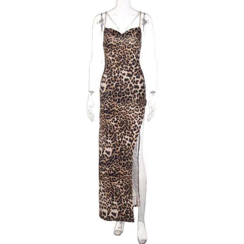 Print Chain Strap Cowl Neck High Slit Maxi Dress