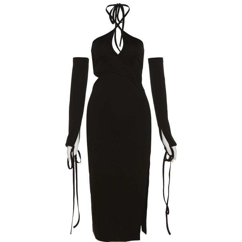 Halter Criss Cross Cutout Long Sleeve Slit Midi Dress