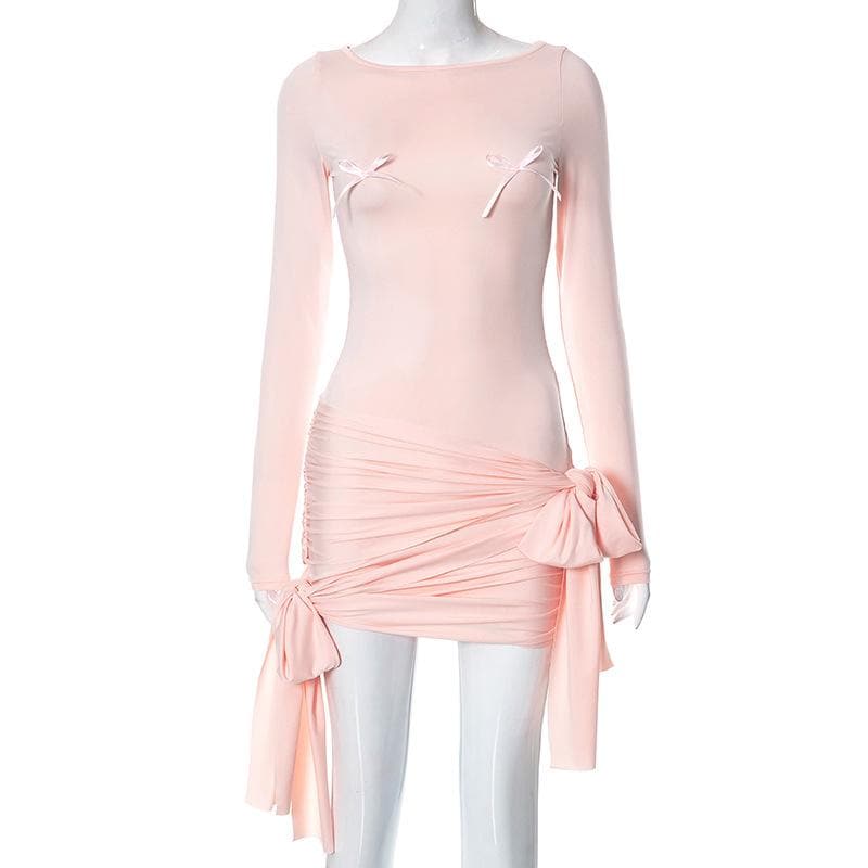 Boat Neck Long Sleeve Chest Bow Asymmetrical Ruched Wrap Mini Dress