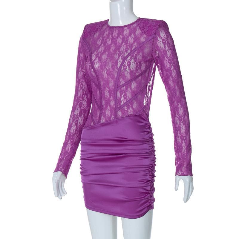 Floral Lace Crew Neck Corset Panel Ruched Satin Bodycon Mini Dress