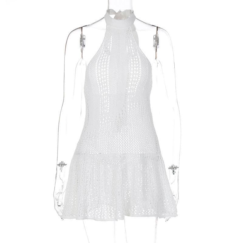 Crochet Halter Neck Open Knit Ruffle Hem Fit and Flare Mini Dress