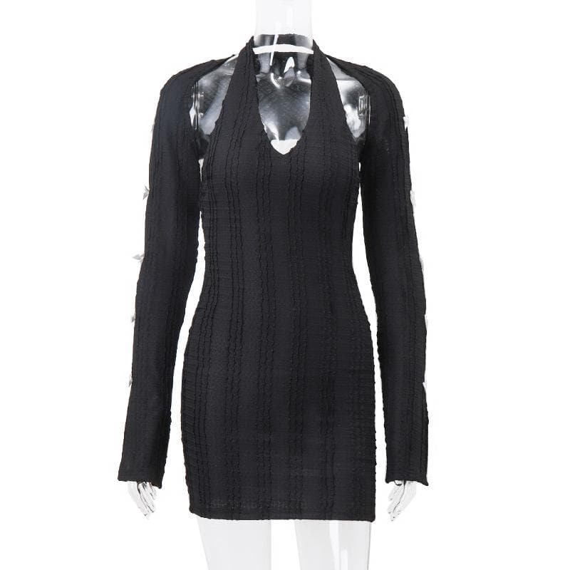 Deep V-Neck Halter Bow Sleeve Cutout Rib Knit Bodycon Mini Dress