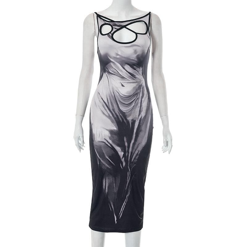 Cutout Collar Trompe Loeil Draped Print Sleeveless Bodycon Midi Dress