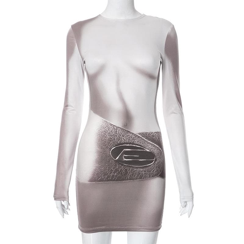 Crew Neck Long Sleeve Body Print Belt Illusion Bodycon Mini Dress