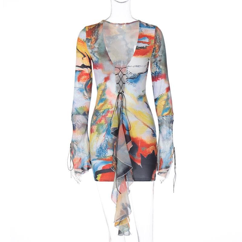 Deep V Lace Up Bell Sleeve Abstract Print Mini Dress