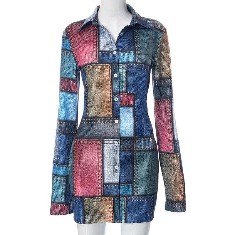 Collared Long Sleeve Button Front Denim Patchwork Mini Shirt Dress