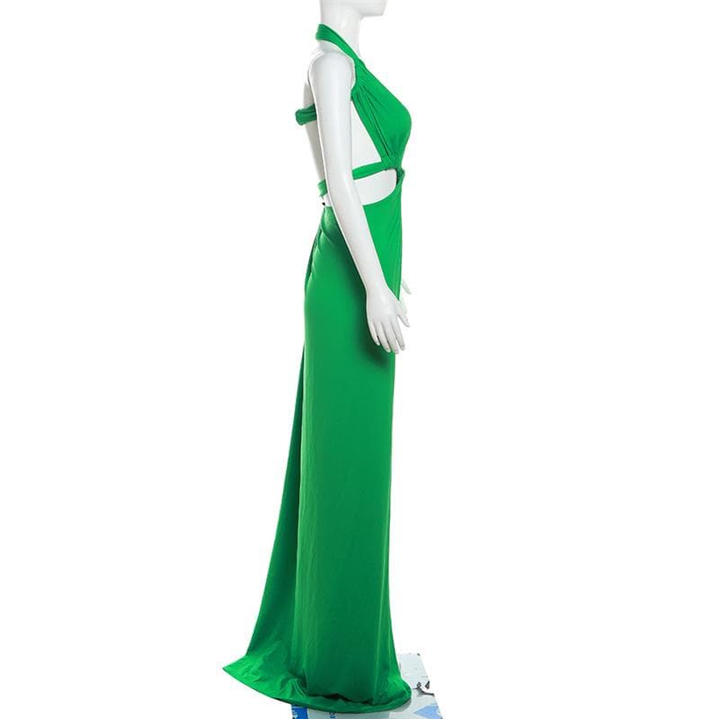 Halter Multi Cutout Ruched Side Slit Bodycon Maxi Dress