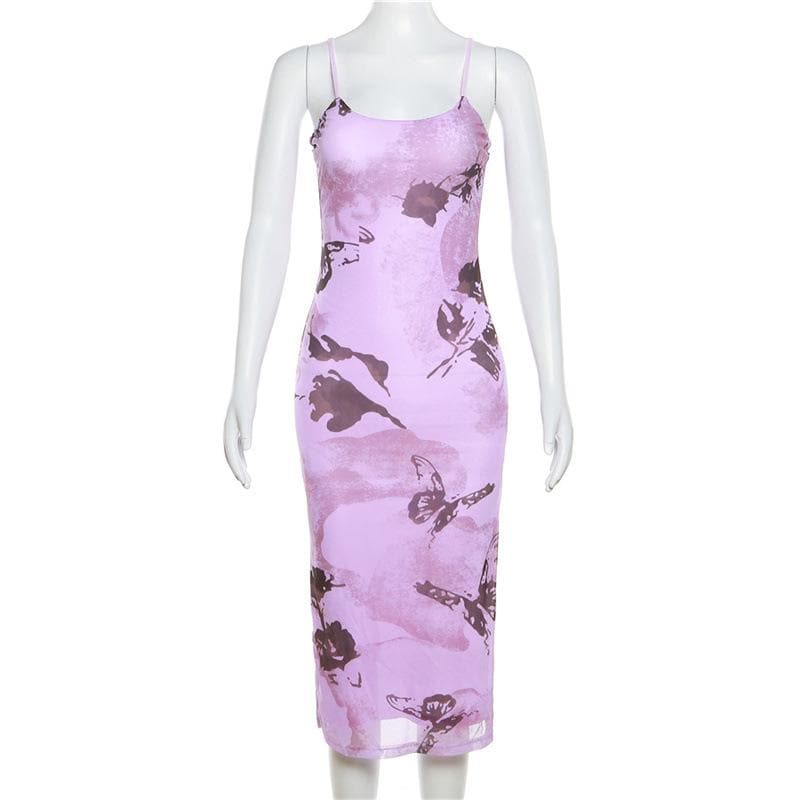 Spaghetti Strap Butterfly Print High Slit Bodycon Midi Dress