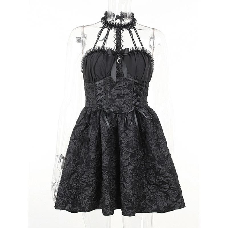 Halter Jacquard Lace Up Milkmaid Collar Crescent Charm Mini Dress