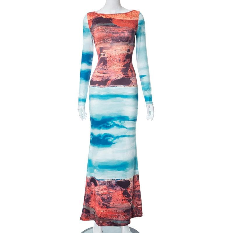 Boat Neck Canyon Landscape Graphic Long Sleeve Bodycon Maxi Dress