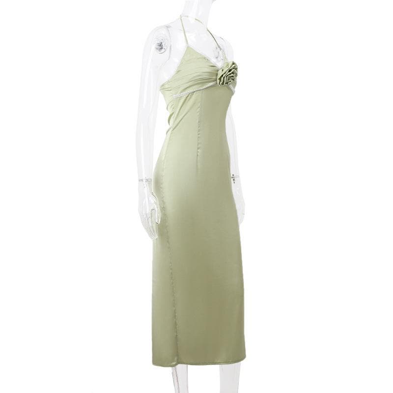 Halter Neck Applique Lace Trim Ruched Satin Column Maxi Dress