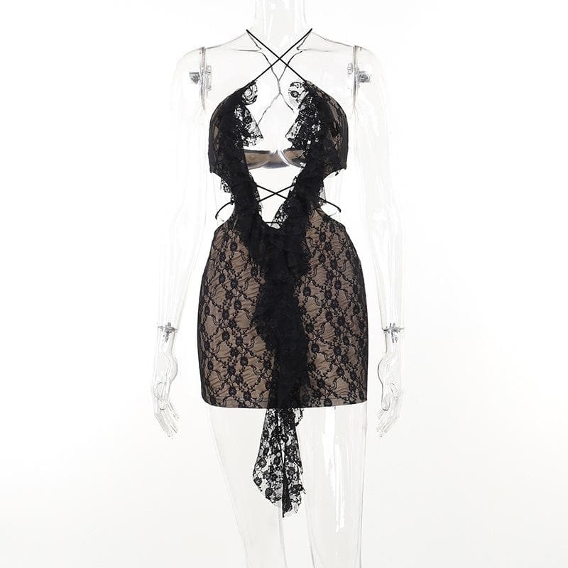Lace Halter Cross Front Diamond Cutout Ruffle Mini Dress