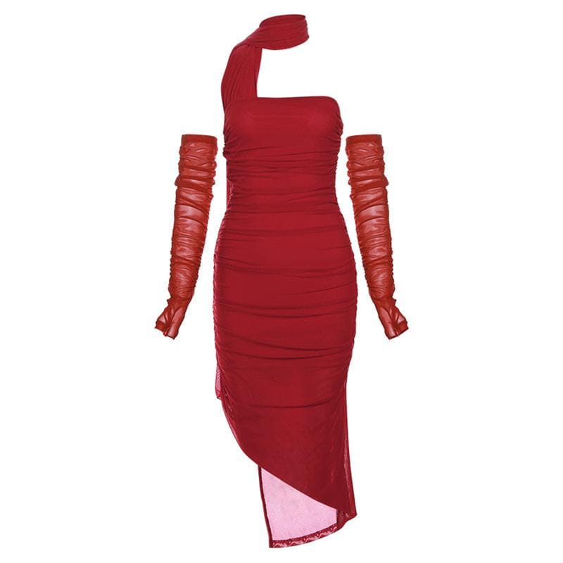 One Shoulder Ruched Mesh Overlay Column Maxi Dress with Opera Gloves Set