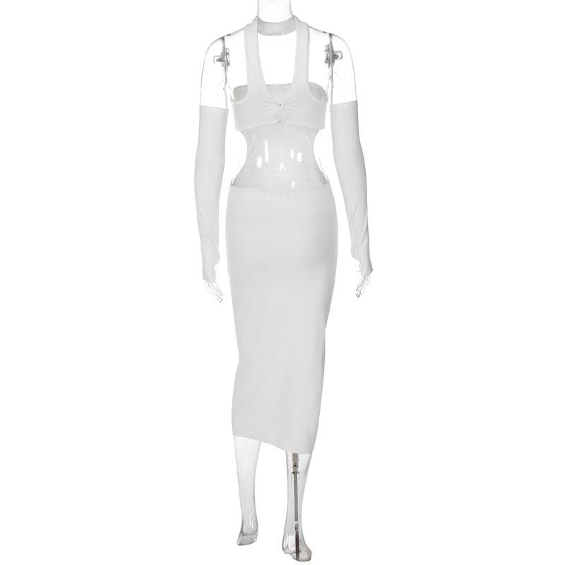 Halter Choker Glove Thumbhole Side Cutout Backless Midi Dress