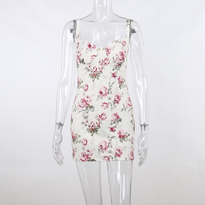 Sweetheart Neck Spaghetti Strap Floral Jacquard Bustier Mini Dress