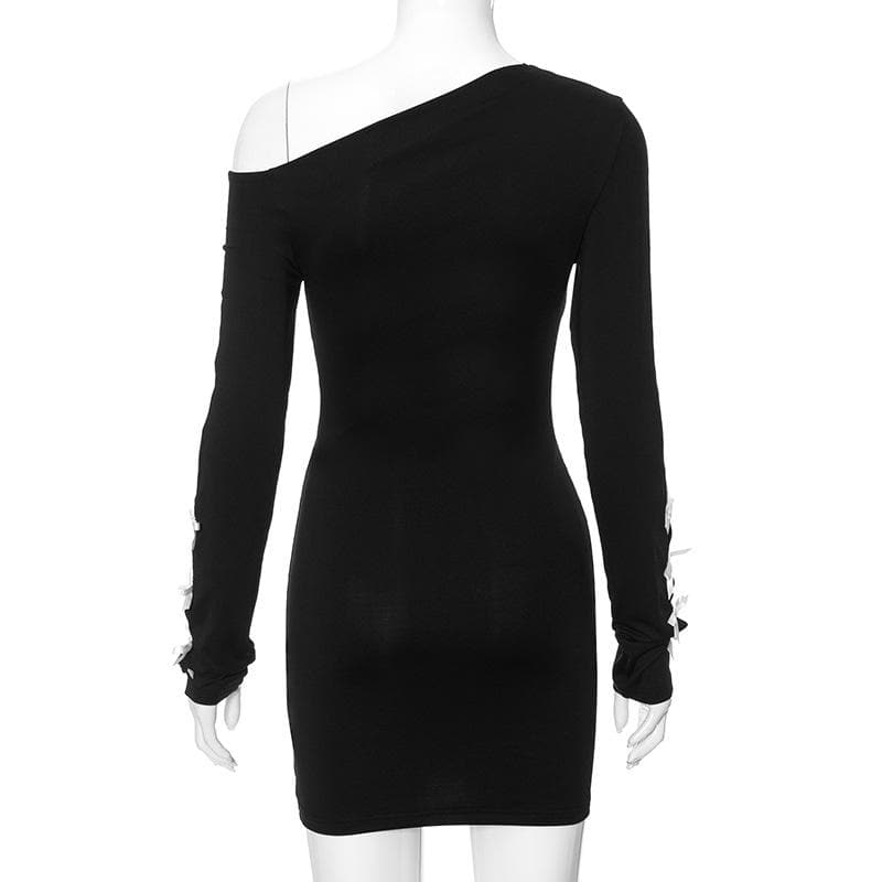 One Shoulder Bow Tie Slit Sleeve Long Sleeve Hollow Out Mini Dress