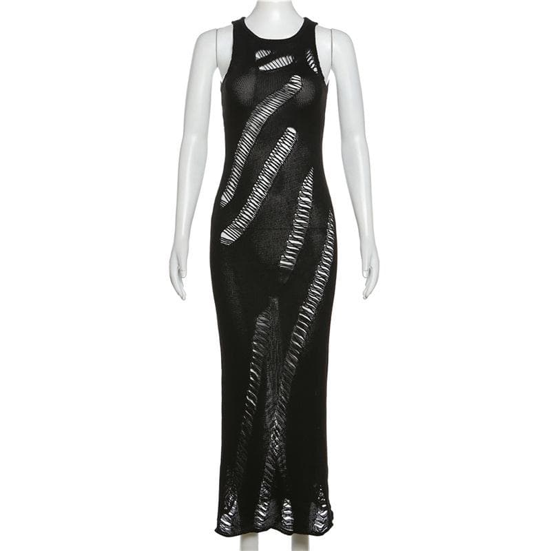 Crew Neck Slashed Ladder Knit Cutout Sleeveless Bodycon Maxi Dress