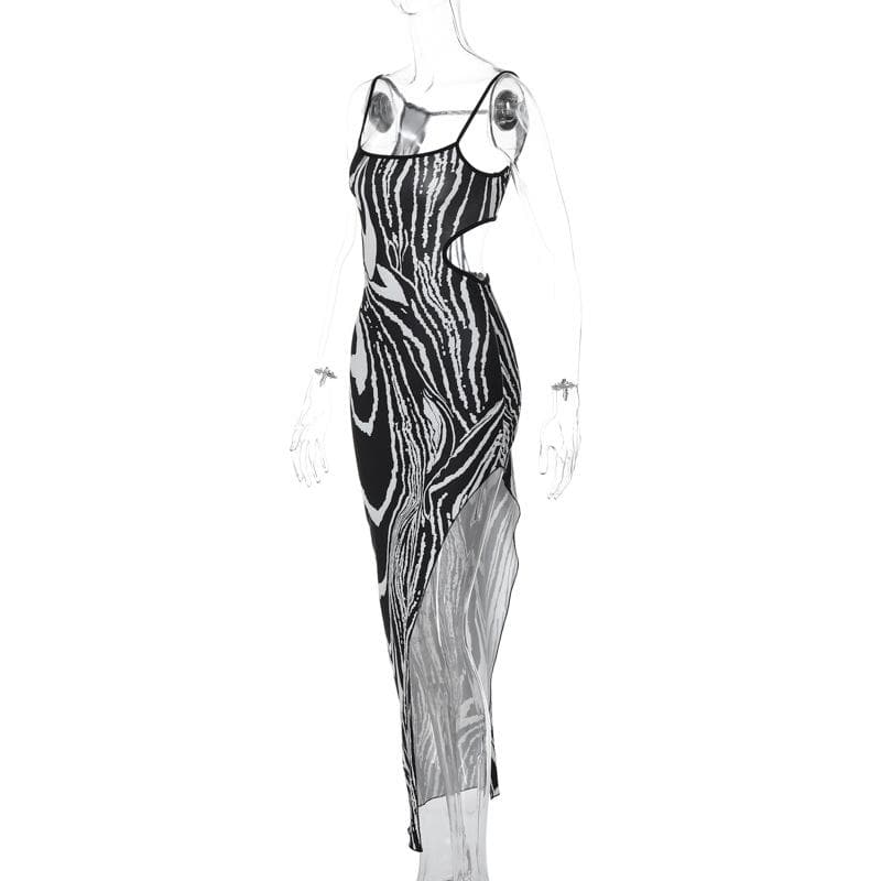 Abstract Marble Print Spaghetti Strap Waist Cutout Bodycon Maxi Dress