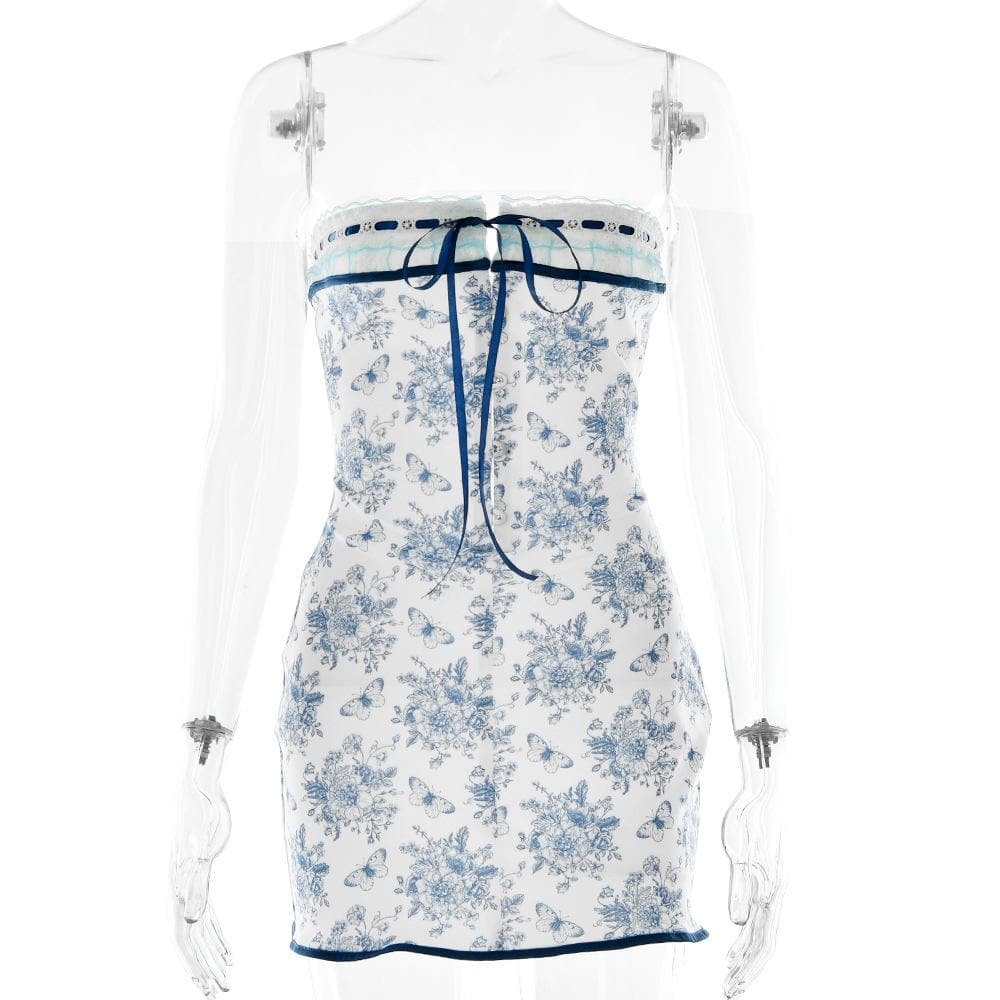 Strapless Lace Trim Bow Tie Butterfly Print Tube Mini Dress