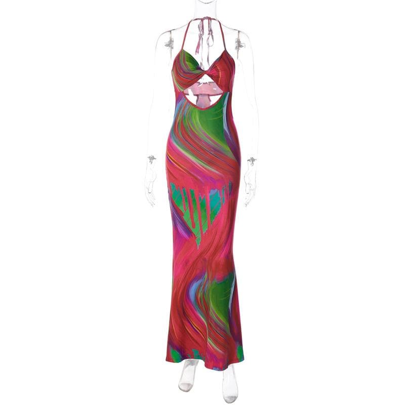 Halter Twist Front Bust Diamond Cutout Abstract Marble Print Maxi Dress