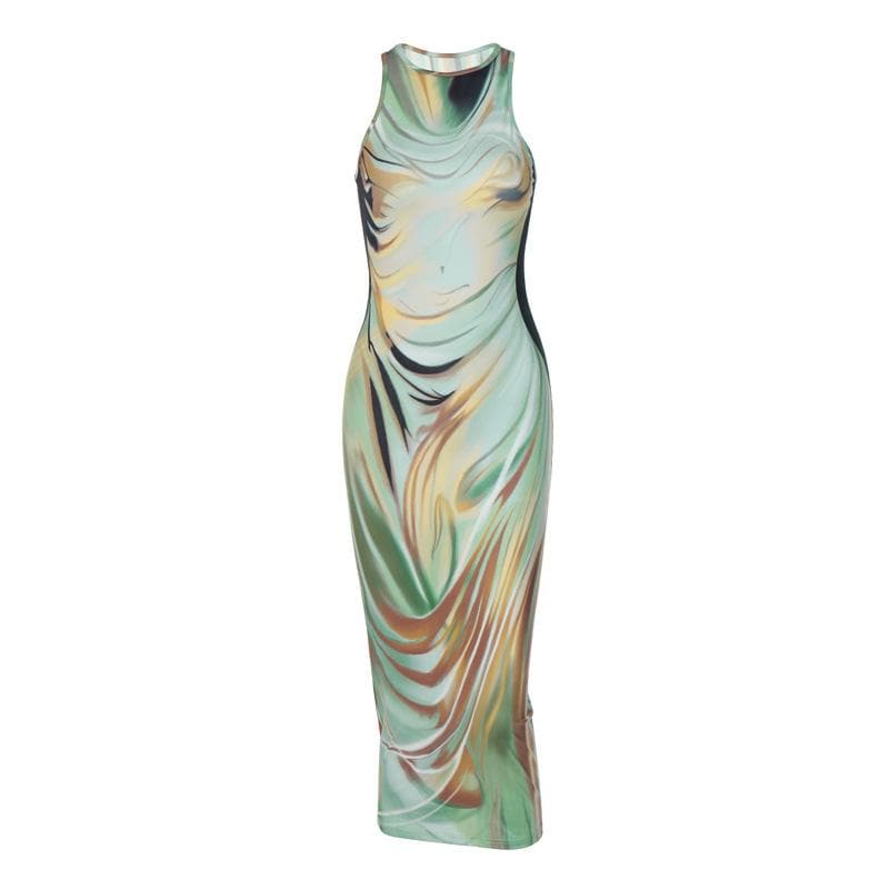 Crewneck Abstract Swirl Body Contour Print Maxi Dress