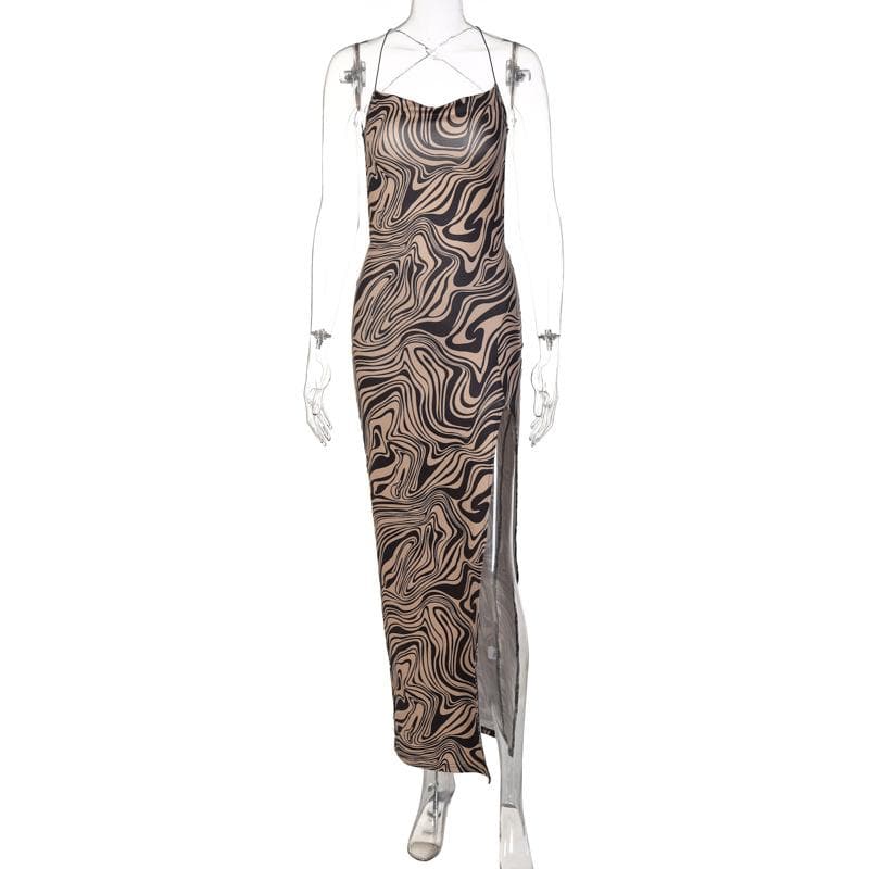 Marble Print Spaghetti Strap Cowl Neck Slit Midi Dress