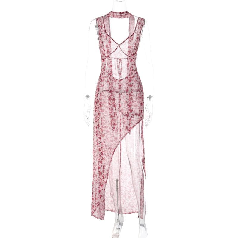 V Neck Ditsy Floral Print Sleeveless Asymmetric Hem Maxi Dress
