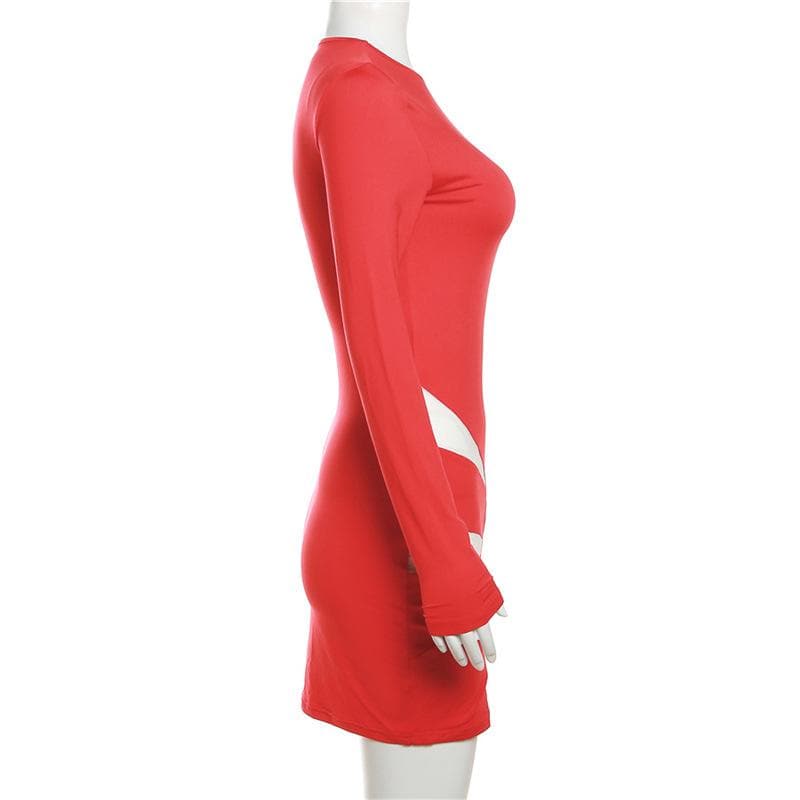 Mesh Long Sleeve Crewneck Criss Cross Cut Out Mini Dress