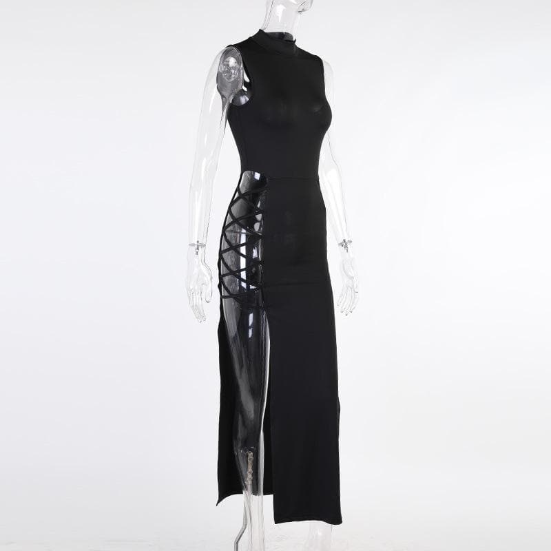 High Mock Neck Sleeveless Lace Up Side Hip Slit Bodycon Maxi Gown