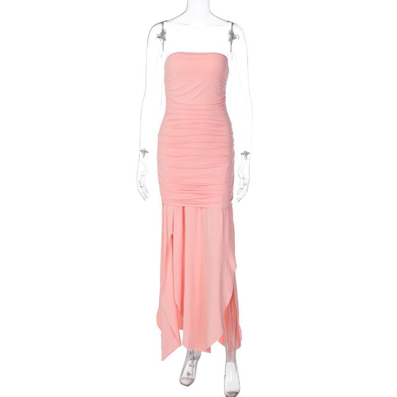 Strapless Ruched Bodice Layered High Slit Flowing Maxi Dress