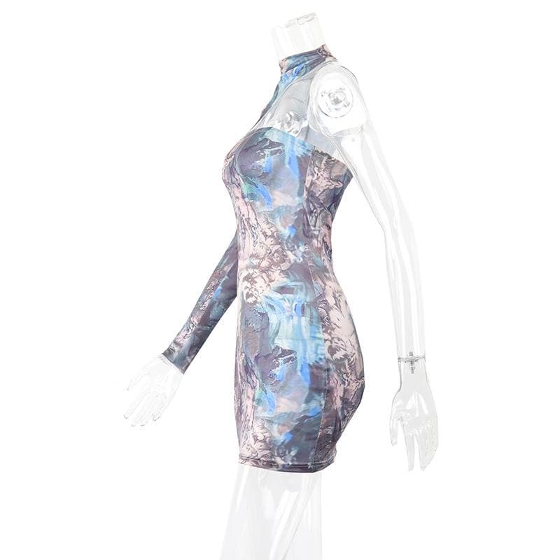 Marble Print One Shoulder Mock Neck Cutout Long Sleeve Mini Dress