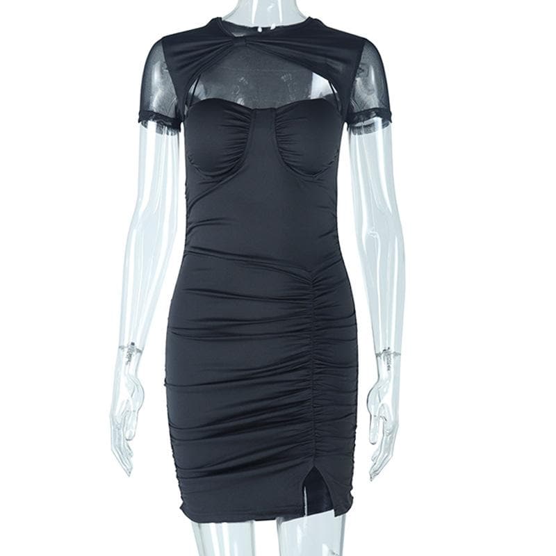Short Sleeve Mesh Ruched Cutout Mini Dress