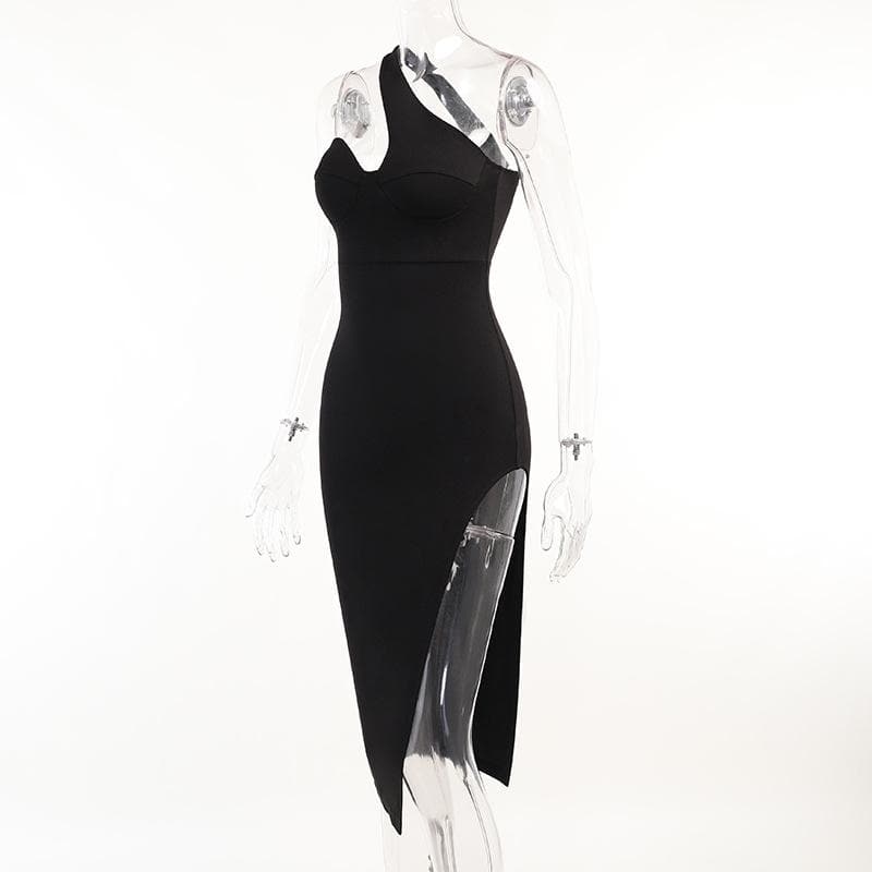 Asymmetric One Shoulder Sweetheart Bustier Side Slit Bodycon Midi Dress