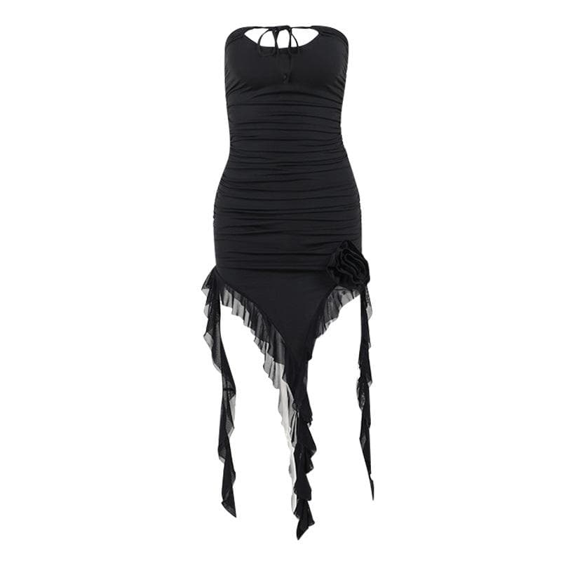 Ruched Flower Applique Keyhole Strapless Handkerchief Hem Midi Dress