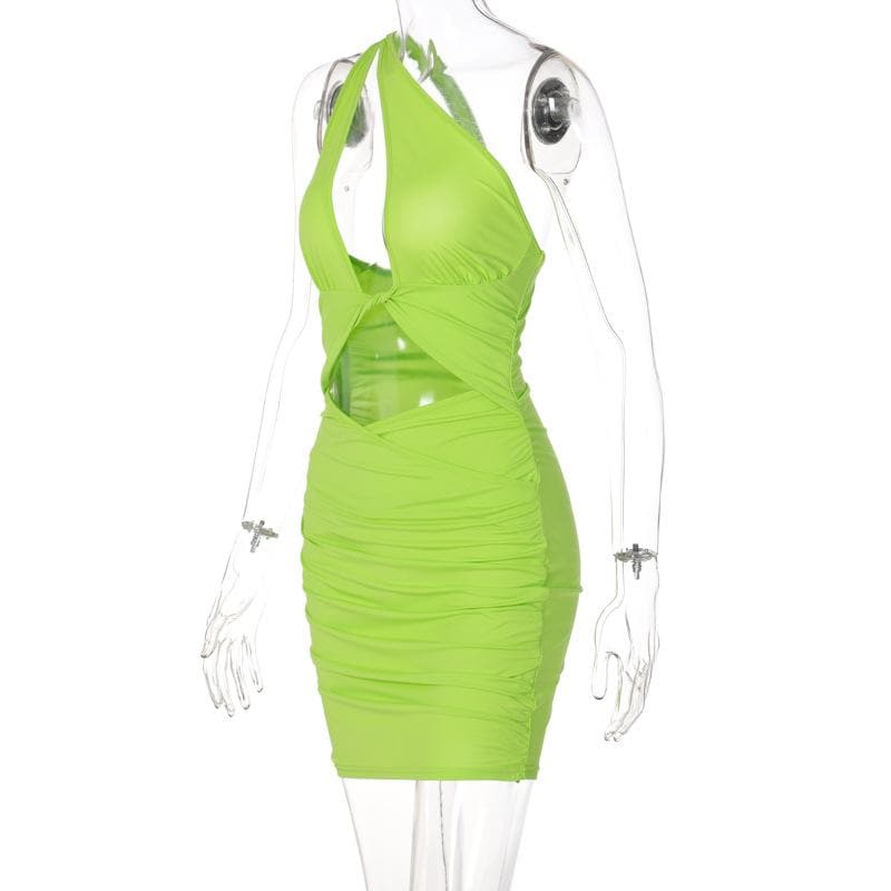 One Shoulder Asymmetric Neckline Chest Cutout Twist Ruched Mini Dress