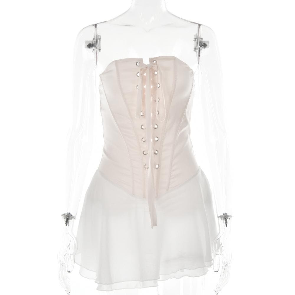 Strapless Lace-Up Corset Organza Ruffle Skater Mini Dress