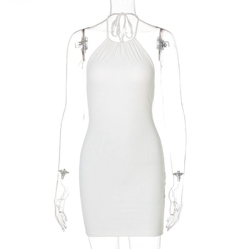 Ribbed Halter Neck Ruched Backless Drawstring Mini Dress