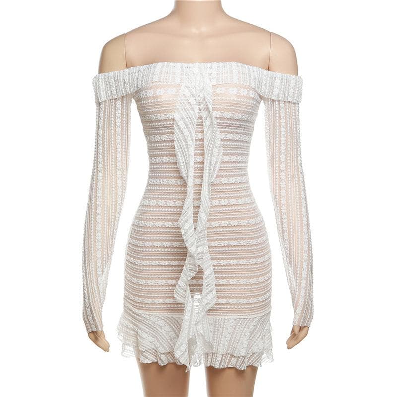Off-Shoulder Sheer Lace Stripe Ruffle Trim Center Ruffle Long Sleeve Mini Dress