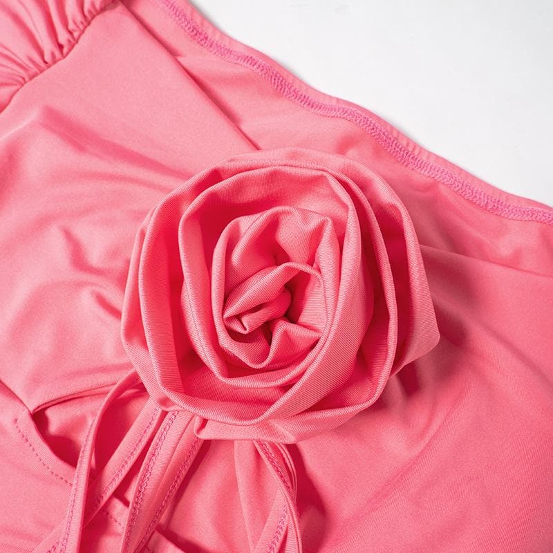 Off-Shoulder Rosette Applique Bell Cuff Ruched Bodycon Mini Dress