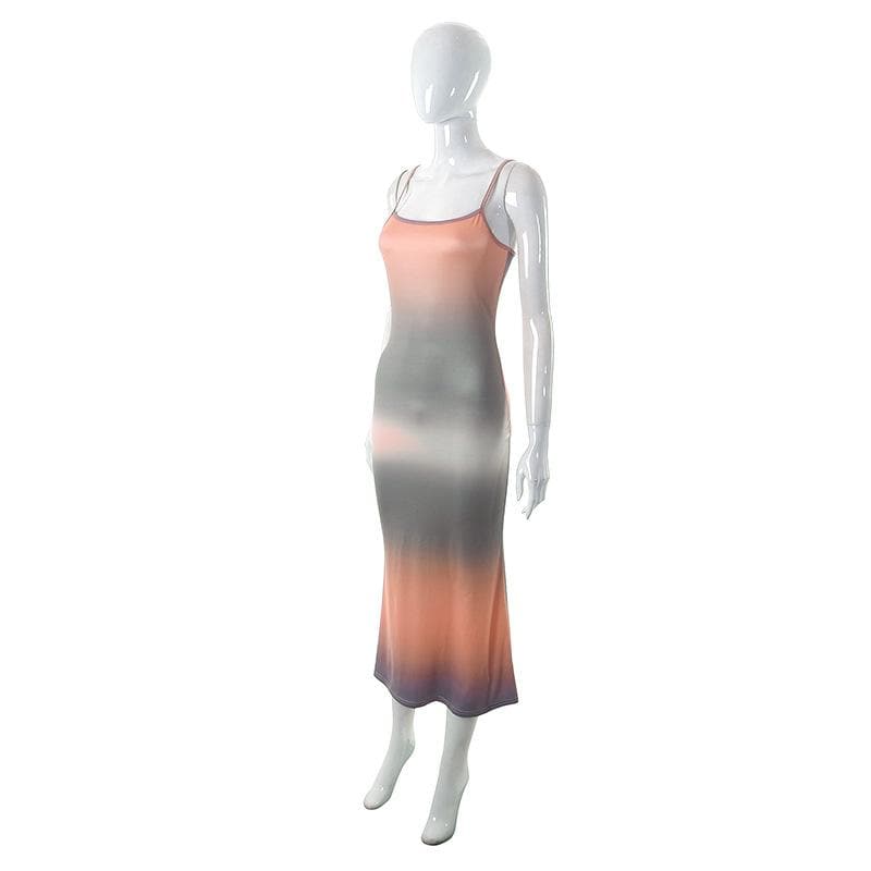 Spaghetti Strap Horizontal Gradient Ombré Bodycon Maxi Dress