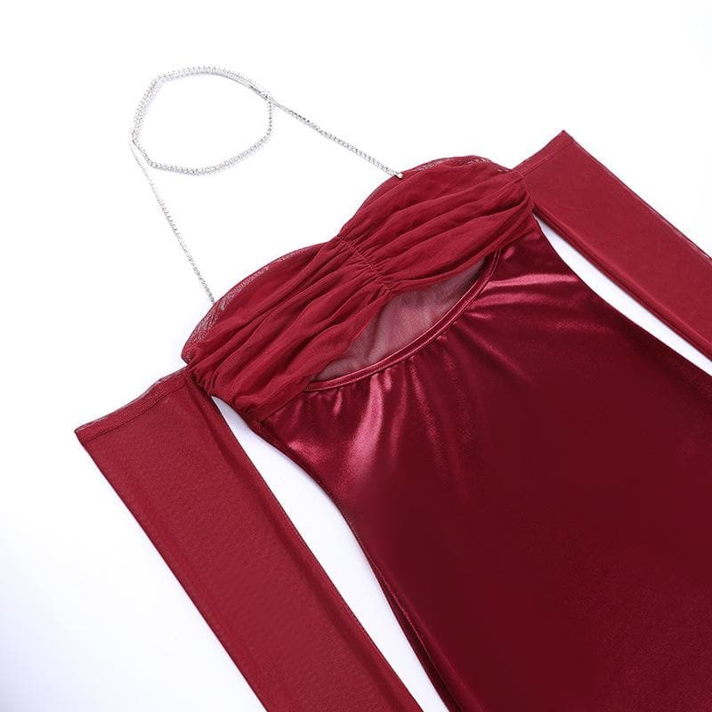 Mesh Ruched Halter Chain Neck Cutout Mini Dress with Detached Sleeves Set