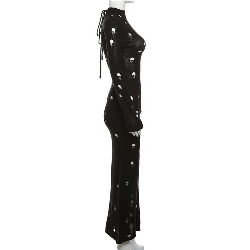 Mock Neck Distressed Hole Knit Long Sleeve Bodycon Maxi Dress