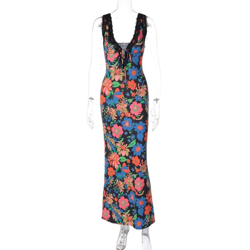 Lace Trim Tie Front Plunge V Neck Floral Maxi Dress