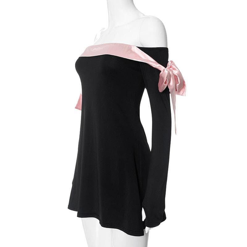 Off Shoulder Satin Ribbon Bow Thumbhole Long Sleeve Mini Dress