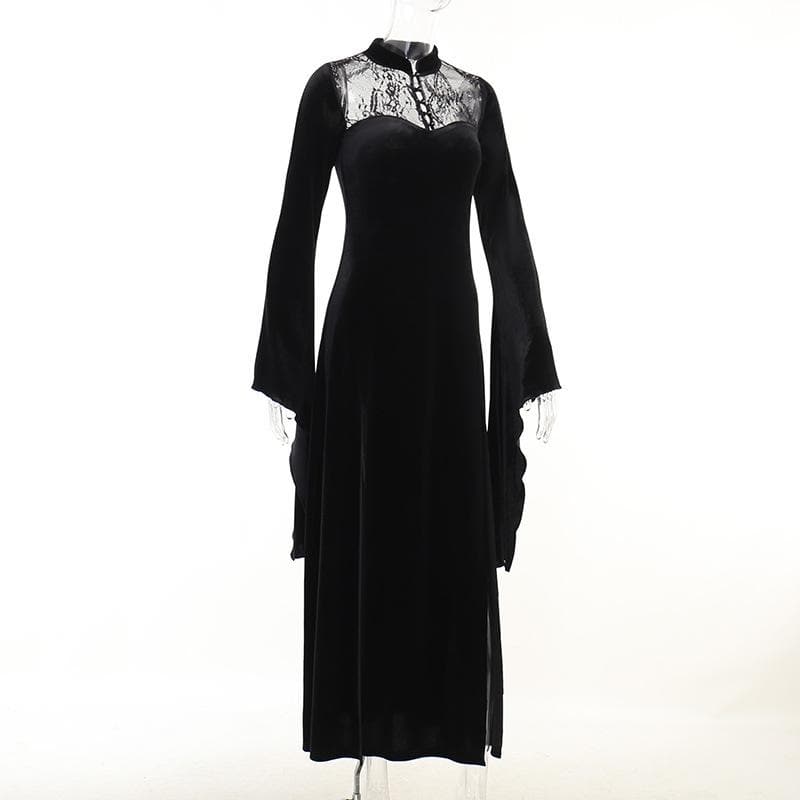 Velvet Mandarin Collar Lace Yoke Bell Sleeve Double Slit Maxi Dress